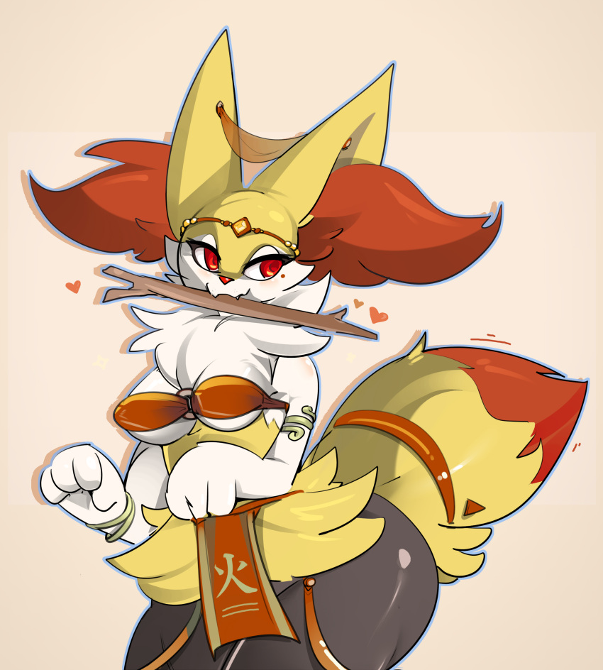 absurd_res anthro belly_dancer braixen breasts circlet cjk_character dancer_outfit female generation_6_pokemon heart_symbol hi_res holding_in_mouth inner_ear_fluff japanese_text markings medium_breasts mole_(marking) nintendo pokemon pokemon_(species) solo stick text tuft zinnick