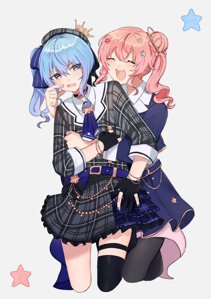 2girls absurdres anemachi annoyed ascot belt beret black_gloves blue_eyes blue_hair bracelet buckle buttons cheek_pinching choker closed_eyes crown double-breasted gloves hair_bun hair_ornament hat highres hololive hoshimachi_suisei hoshimachi_suisei_(1st_costume) hug hug_from_behind jacket jewelry mini_crown multiple_girls okutorinno open_mouth partially_fingerless_gloves pinching pink_hair plaid plaid_headwear plaid_jacket plaid_skirt siblings side_ponytail single_hair_bun single_thighhigh sisters skirt smile star_(symbol) star_in_eye symbol_in_eye thigh_strap thighhighs virtual_youtuber