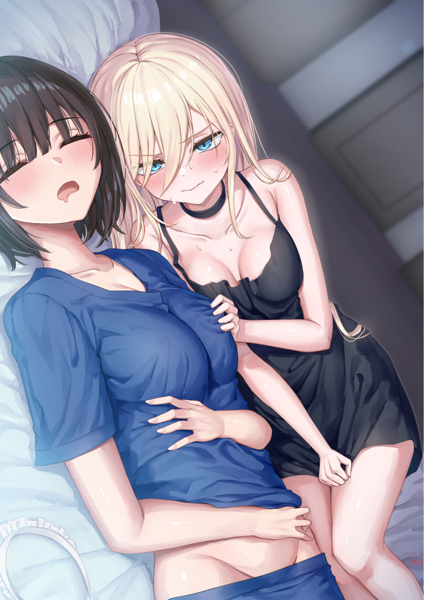 2girls armpit_crease bare_arms bare_shoulders black_camisole black_choker black_hair blonde_hair blue_eyes blue_shirt blush breast_envy breasts camisole choker cleavage closed_eyes closed_mouth clothes_pull collarbone commentary drooling dutch_angle feet_out_of_frame frilled_hairband frills grabbing grabbing_another's_breast grimace groin hair_between_eyes hairband hand_on_another's_chest hand_on_own_stomach have_to_pee highres large_breasts long_bangs long_hair looking_at_another looking_at_viewer lying medium_breasts multiple_girls on_back on_side open_mouth original pajamas piripun shirt short_hair short_sleeves sleep_molestation sleeping sweat thighs unworn_hairband yuri