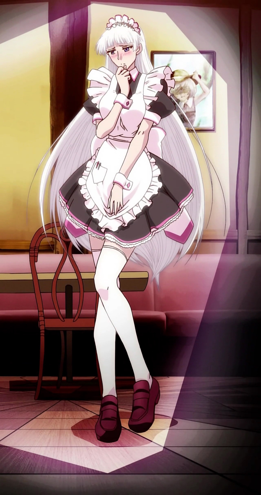 absurdres anime_screenshot apron blue_eyes blush female frills highres kaja_bergmann long_hair maid maid_headdress natsu_no_arashi! pen ribbon solo stitched thighhighs third-party_edit white_hair wrist_cuffs zettai_ryouiki