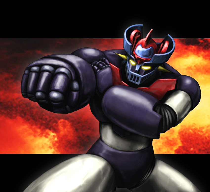 1970s_(style) aniki_gunsou battle cockpit commentary fire mazinger_(series) mazinger_z mazinger_z_(mecha) mecha no_humans pilder retro_artstyle robot science_fiction shin_mazinger_shougeki!_z-hen super_robot