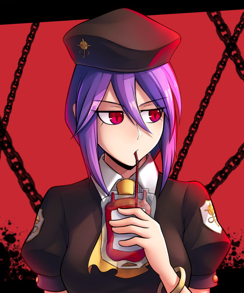 beret blood blood_bag braid brown_vest chains collared_shirt commission dootmoon drinking_blood drinking_straw drinking_straw_in_mouth female hair_between_eyes hat highres jewelry long_hair melty_blood puffy_short_sleeves puffy_sleeves purple_hair red_background red_eyes shirt short_sleeves single_braid sion_eltnam_atlasia sion_tatari solo tsukihime vampire vest wing_collar