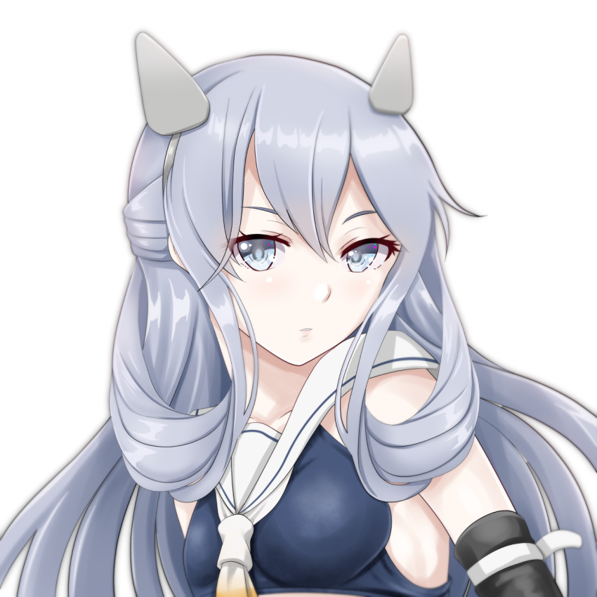 black_gloves breasts crop_top elbow_gloves female gloves gradient_neckwear hair_rings headgear highres i-203_(kancolle) kantai_collection light_blue_eyes light_blue_hair long_hair neckerchief portrait small_breasts solo tk8d32 white_neckwear yellow_neckwear