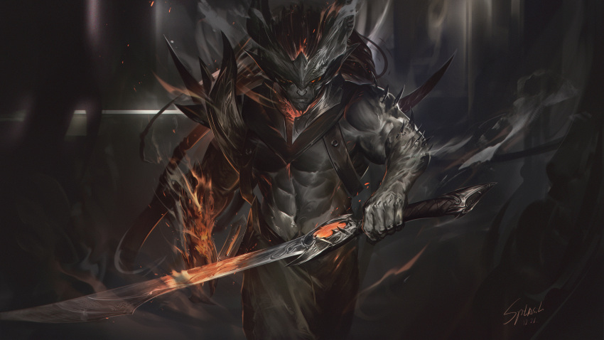 1boy abs absurdres armor black_hair black_skin closed_mouth colored_skin commentary_request dated fire gradient_background helmet highres holding holding_sword holding_weapon league_of_legends long_hair looking_at_viewer male_focus muscular muscular_male navel nightbringer_yasuo red_eyes shoulder_armor signature solo spikes sword weapon wutu_(1183238220) yasuo_(league_of_legends)