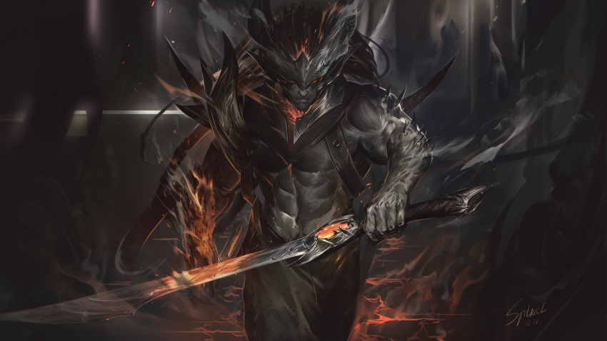 1boy abs absurdres armor black_hair black_skin closed_mouth colored_skin dated fire gradient_background helmet highres holding holding_sword holding_weapon league_of_legends long_hair looking_at_viewer male_focus muscular muscular_male navel nightbringer_yasuo red_eyes shoulder_armor signature solo spikes sword weapon wutu_(1183238220) yasuo_(league_of_legends)