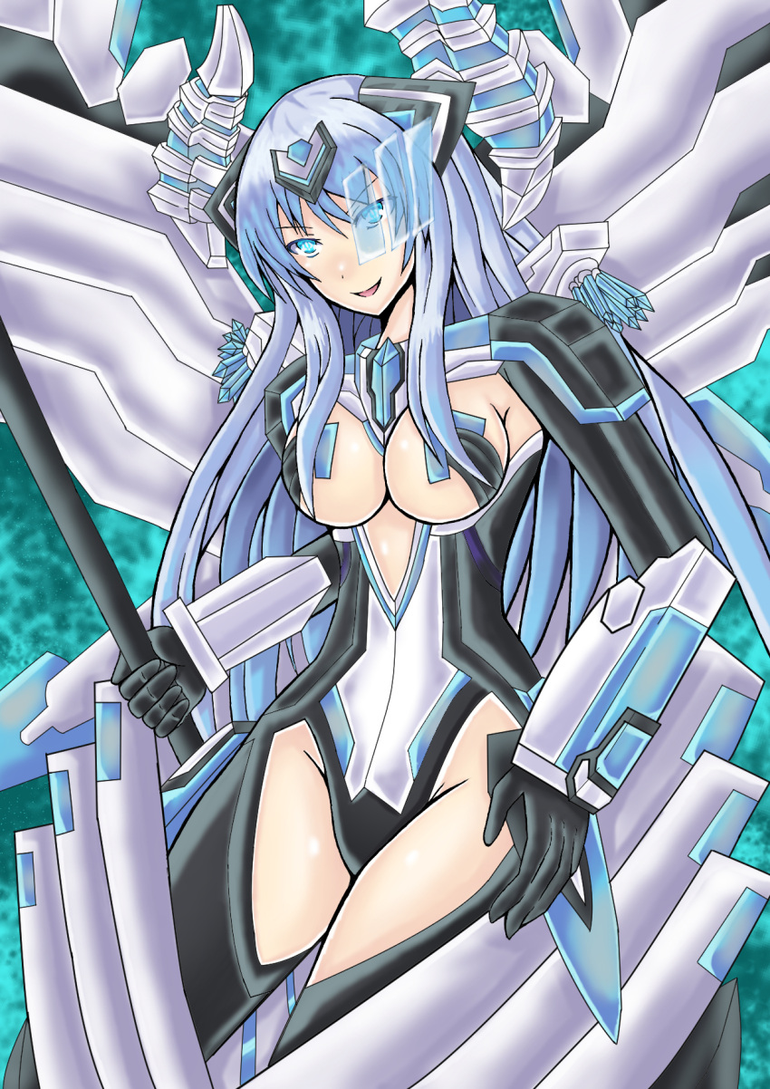 blue_eyes blue_hair bodysuit breasts commentary_request cowboy_shot female hair_ornament highres holding holding_weapon honke_ganso horns kiseijou_rei kiseijou_rei_(goddess_form) large_breasts mechanical_horns mechanical_wings multicolored_leotard neptune_(series) open_mouth power_symbol power_symbol-shaped_pupils smile solo symbol-shaped_pupils transformation weapon wings