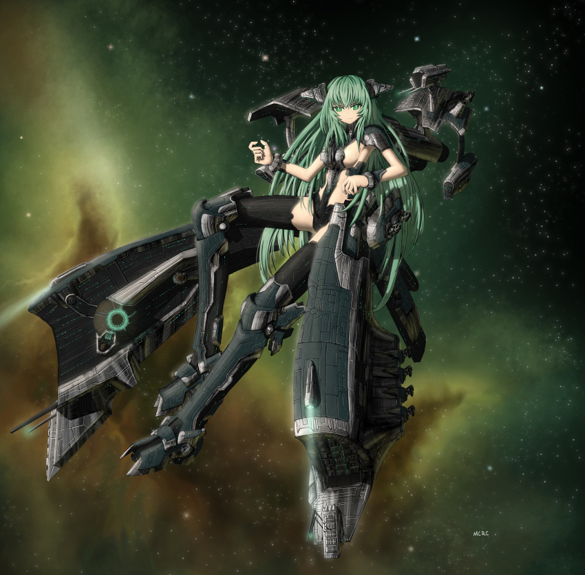 absurdres armor armored_boots armpits attack_ship_(eve_online) battleship_(eve_online) black_thighhighs boots breasts bright_pupils cannon commentary_request dot_nose energy_cannon eve_online female full_body gallente_federation_(eve_online) glowing green_armor green_eyes green_footwear green_hair green_pupils green_theme green_thighhighs hand_up headgear highres knee_boots long_hair long_legs looking_at_viewer machinery mcrc_science mecha_musume medium_breasts megathron_(eve_online) military military_vehicle nebula original outdoors personification photoshop_(medium) science_fiction shoulder_armor sideboob sky slit_pupils smile solo space star_(sky) starry_sky thighhighs thighs thrusters turret very_long_hair