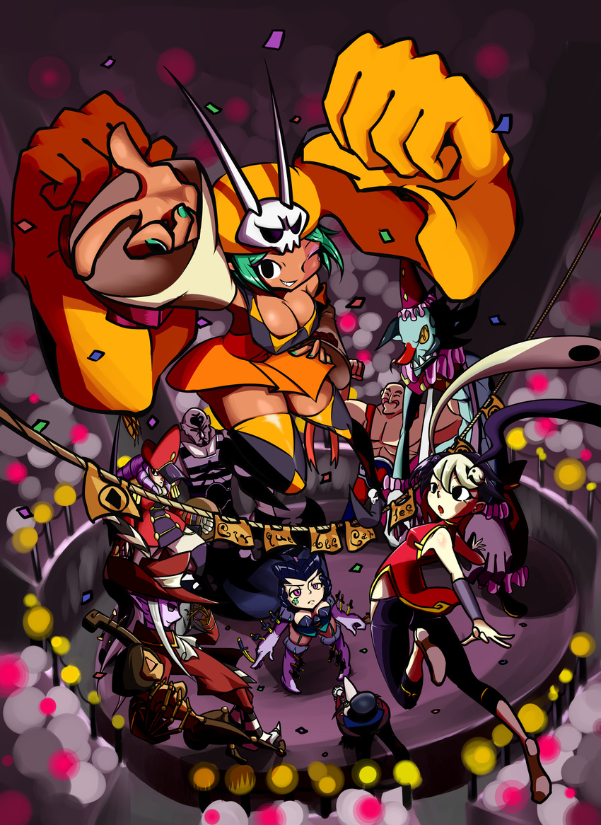 5boys 5girls aqua_hair beatrix_(skullgirls) bird black_eyes black_hair blue_hair breasts cerebella_(skullgirls) circus cleavage clown double_bun elf feng_(skullgirls) foreshortening hat hubrecht_hertz_adelhardt knife long_hair moustache multiple_boys multiple_girls muscle muse_(skullgirls) nail_polish open_mouth pink_eyes pink_hair pointy_ears regina_(skullgirls) short_hair skullgirls smile suspenders tagme taliesin_(skullgirls) two-tone_hair vice-versa_(skullgirls) white_hair wink yellow_eyes