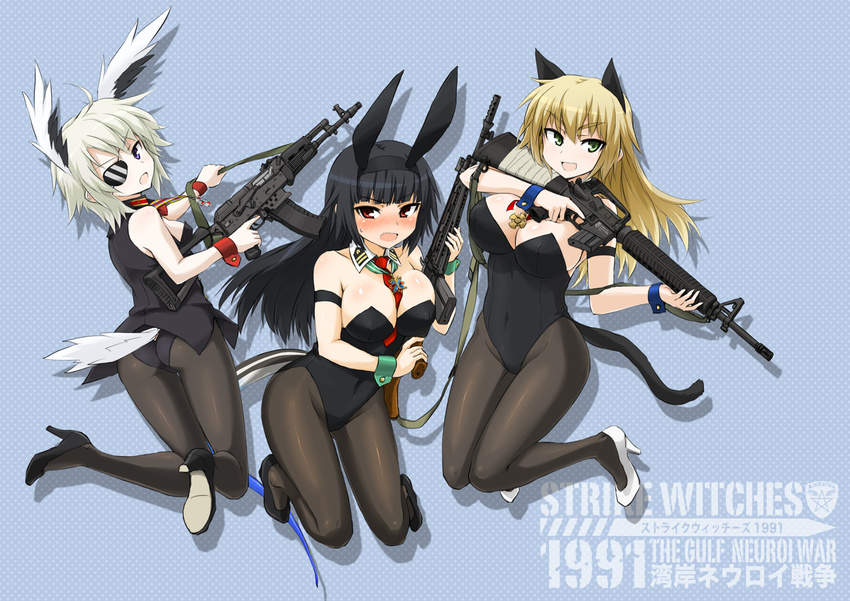 3girls ahoge ak-74 aks-74 animal_ears ass assault_rifle bad_id bad_pixiv_id battle_rifle between_breasts black_hair black_legwear blonde_hair blush breasts cat_ears cat_girl cat_tail cleavage copyright_name covered_navel dakku_(ogitsune) detached_collar eyepatch green_eyes gun high_heels houjou_mishizu howa_type_64 kalashnikov_rifle kittysuit large_breasts leotard liliya_alexeyevna_starikova long_hair looking_at_viewer looking_back m16 m16a2 medal multiple_girls necktie necktie_between_breasts nontraditional_playboy_bunny oerba_yun_fang open_mouth original pantyhose patricia_mitchell photoshop_(medium) playboy_bunny purple_eyes rabbit_ears rifle shoes smile stencil_lettering strike_witches_1991 tail trigger_discipline weapon world_witches_series wrist_cuffs