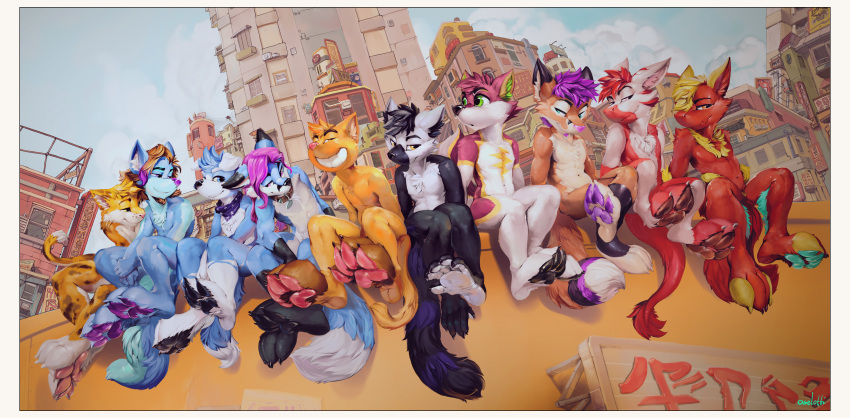 anthro beryll border canid canine canis city domestic_cat domestic_dog dragon felid feline felis fox fur furred_dragon furred_scalie group hair hi_res husky jz-jake kigufox kyota_(steviemaxwell) kyota_wuskers_(djkyota) kyota_wuskers_(steviemaxwell) large_group lemur mammal mythological_creature mythological_scalie mythology nightclub nordic_sled_dog nyaaa_foxx oselotti oselotti_(character) outside pawpads paws primate raines_(endurethestorm) rikku_(maika_venn) ring-tailed_lemur scalie skyler_ringtail smile spitz stefan_(steviemaxwell) strepsirrhine tail white_border