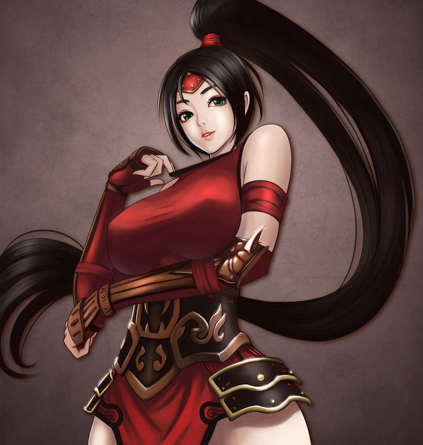 akali akali_(legacy) alternate_costume armband armor bare_shoulders black_hair breast_hold breasts clenched_hand corset covered_nipples cowboy_shot crimson_akali elbow_gloves faulds female fingerless_gloves forehead_protector gloves green_eyes grey_background grin high_ponytail highres japanese_clothes large_breasts league_of_legends leotard lips long_hair looking_at_viewer mask mask_pull ninja pale_skin pelvic_curtain ponytail qinglong_zaitian red_gloves red_leotard scrunchie smile solo spikes taut_clothes unworn_mask vambraces very_long_hair