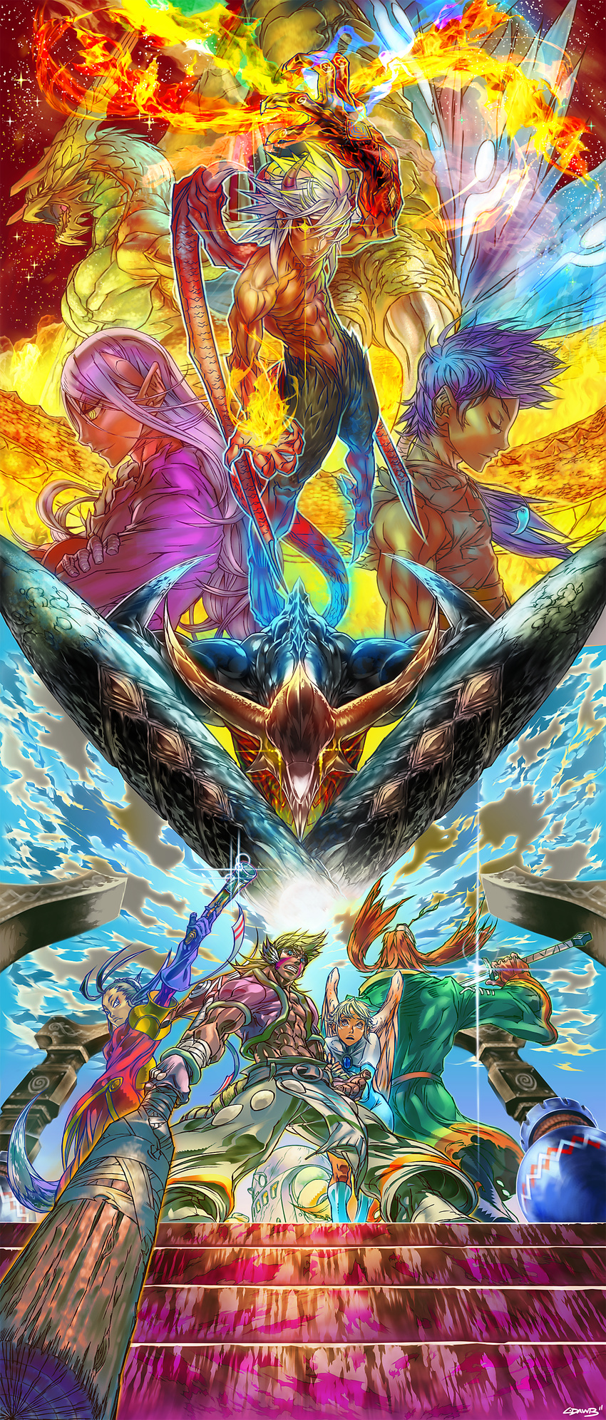 2girls 5boys abs absurdres angel_wings animal_ears bare_shoulders battle belt blonde_hair blue_eyes blue_hair breath_of_fire breath_of_fire_iv brown_eyes buckle circlet clenched_teeth cray_(breath_of_fire) dragon dress ershin everyone eyeshadow facial_mark feathered_wings fire fou-lu fox_tail glowing glowing_eyes gun hair_ornament highres horns kaiser_dragon l-dawb makeup midriff multiple_boys multiple_girls muscular nina_(breath_of_fire_iv) open_mouth pale_skin robe ryuu_(breath_of_fire_iv) scias standing sword tail tan teeth tiger_tail tyrant_(breath_of_fire) ursula_(breath_of_fire) weapon white_wings wings