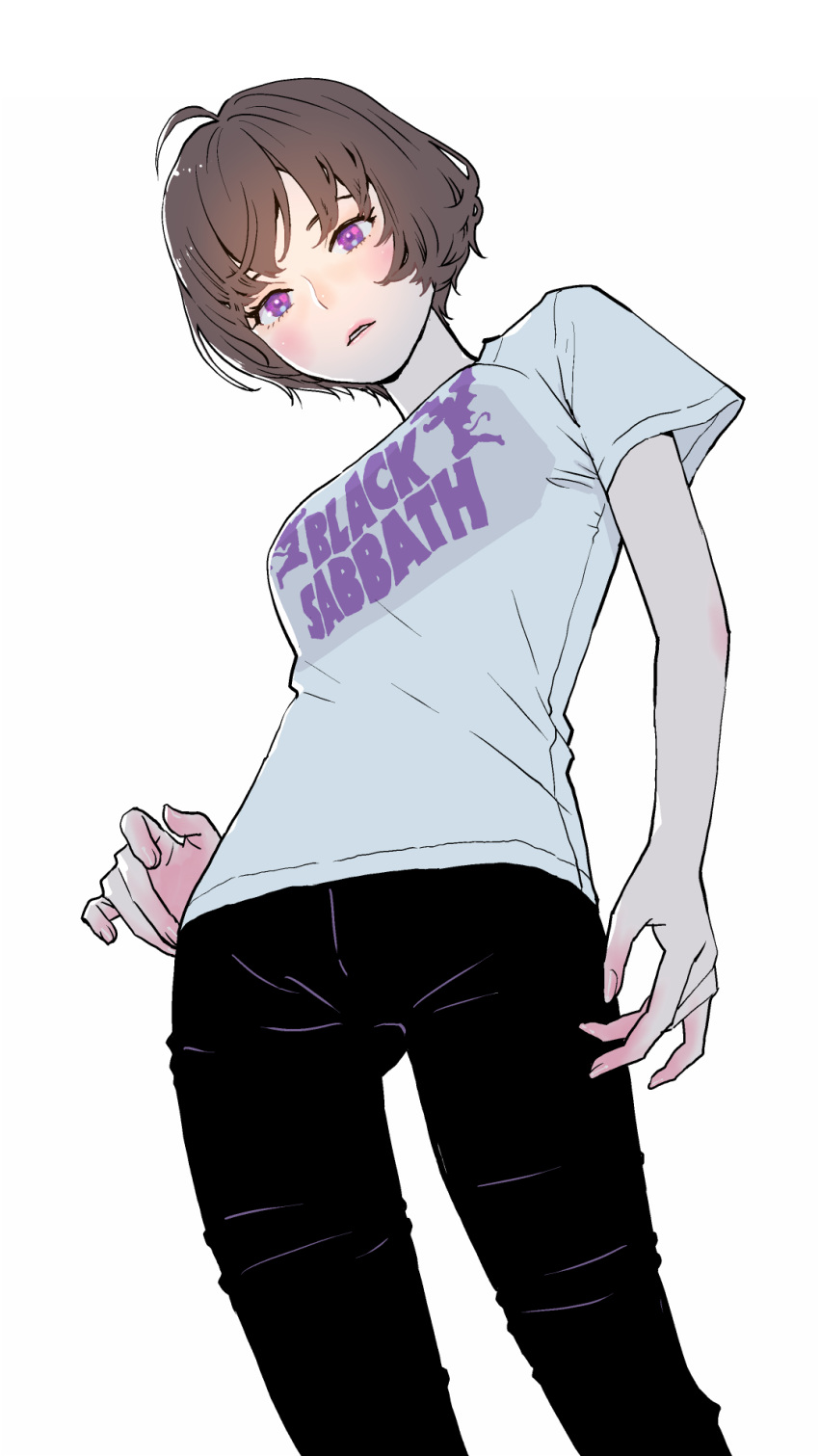 ahoge black_pants black_sabbath blush brown_hair english_text female from_below highres logo looking_down original pants parted_lips peco_(pockleberry) purple_eyes shirt short_hair solo t-shirt