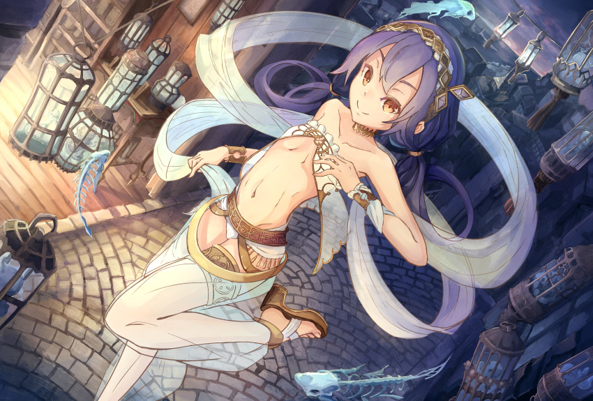 absurdres bracelet breasts choker cobblestone collarbone commentary_request dancer ecrylith female fish fish_bone hairband harem_pants highres jewelry lantern long_hair looking_at_viewer low_twintails navel night orange_eyes pants purple_hair rene sandals see-through small_breasts smile solo thighlet twintails