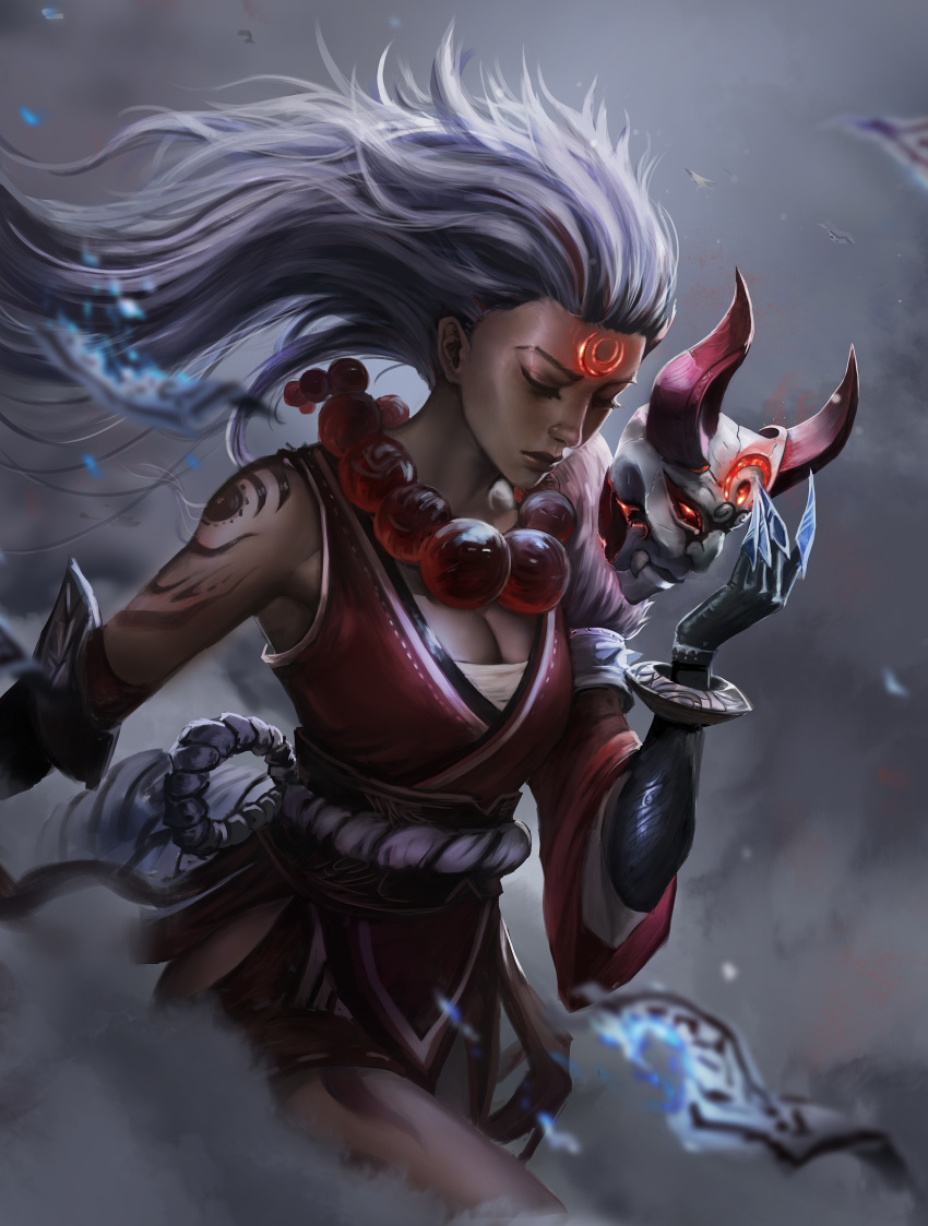 absurdres bare_shoulders blood_moon_(league_of_legends) blood_moon_diana breasts claws cleavage closed_eyes closed_mouth commentary_request derivative_work diana_(league_of_legends) facial_mark female floating_hair forehead_mark glowing glowing_eyes gradient_background grey_background haohe_buguo highres holding holding_mask japanese_clothes jewelry large_breasts league_of_legends long_hair long_sleeves mask official_alternate_costume red_eyes shoulder_tattoo solo tattoo unworn_mask