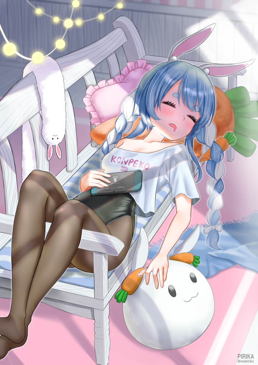 :3 absurdres animal_ear_fluff animal_ears artist_name bench black_pantyhose blue_hair blush braid brand_name_imitation carrot carrot-shaped_pillow closed_eyes don-chan_(usada_pekora) drooling female genjitsu_pirika highres hololive indoors legs leotard leotard_under_clothes long_hair lying multicolored_hair nintendo_switch no_shoes off_shoulder on_back pantyhose pekomon_(usada_pekora) rabbit_ears sleeping solo string_of_light_bulbs thick_eyebrows twin_braids twitter_username two-tone_hair usada_pekora virtual_youtuber watermark white_hair