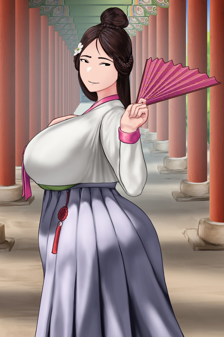 absurdres bad_id bad_pixiv_id bae_(toroboro) black_eyes braid braided_bun breasts brown_hair chinese_knot colonnade column curvy day female flower hair_bun hair_flower hair_ornament hanbok hand_fan highres holding huge_breasts korean_clothes long_hair looking_at_viewer looking_to_the_side narrowed_eyes no_nose original outdoors paper_fan parted_hair parted_lips pillar plaid plaid_skirt plump shirt single_hair_bun skirt solo standing torii toroboro tsurime white_shirt