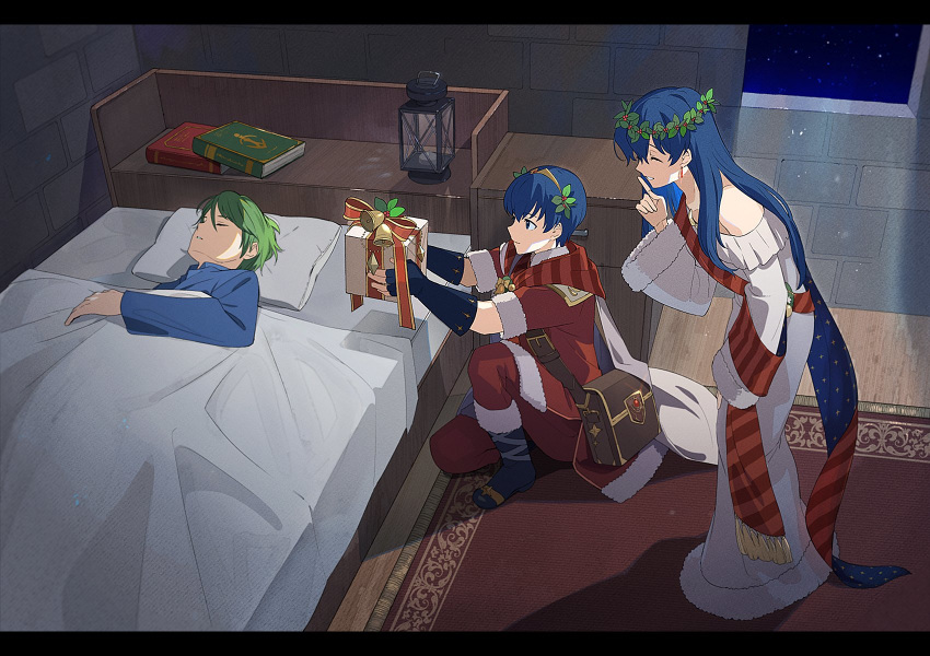 2boys bag bed bell blue_hair book boots box brother_and_sister closed_eyes closed_mouth dress earrings elice_(fire_emblem) elice_(winter)_(fire_emblem) female finger_to_mouth fingerless_gloves fire_emblem fire_emblem:_mystery_of_the_emblem fire_emblem_heroes from_side fur_trim gift gift_box gloves green_hair highres holding indoors jewelry kyufe long_hair long_sleeves marth_(fire_emblem) marth_(winter)_(fire_emblem) merric_(fire_emblem) multiple_boys night night_sky off-shoulder_dress off_shoulder on_one_knee parted_lips pillow rug short_hair short_sleeves shushing siblings sky sleeping smile tiara white_dress wreath