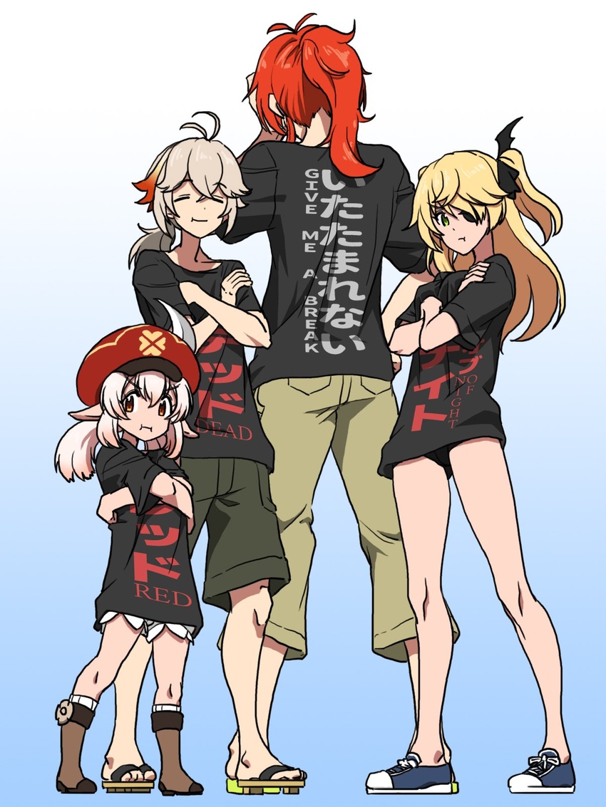 2boys 2girls :i :t alternate_costume black_shirt black_shorts blonde_hair boots breasts closed_eyes clothes_writing crossed_arms diluc_(genshin_impact) fischl_(genshin_impact) full_body genshin_impact geta gradient_background green_pants grey_hair hat highres imtmcomics kaedehara_kazuha klee_(genshin_impact) long_hair looking_at_viewer medium_breasts multicolored_hair multiple_boys multiple_girls pants pointy_ears ponytail red_hair red_headwear sandals shirt shoes short_shorts shorts simple_background sneakers standing streaked_hair t-shirt two_side_up