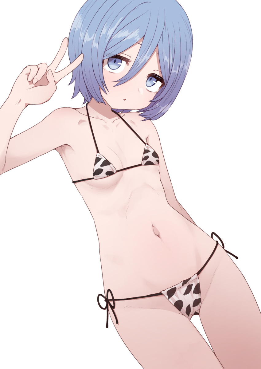 animal_print armpits ass_visible_through_thighs bad_id bad_twitter_id bare_shoulders bikini blue_eyes blue_hair bob_cut breasts collarbone cow_print cow_print_bikini cowboy_shot dutch_angle female furfur_(megido72) hair_between_eyes halterneck hand_up highres light_blush looking_at_viewer megido72 micro_bikini navel open_mouth print_bikini short_hair side-tie_bikini_bottom simple_background small_breasts solo standing string_bikini sumiyao_(amam) swimsuit triangle_mouth v white_background