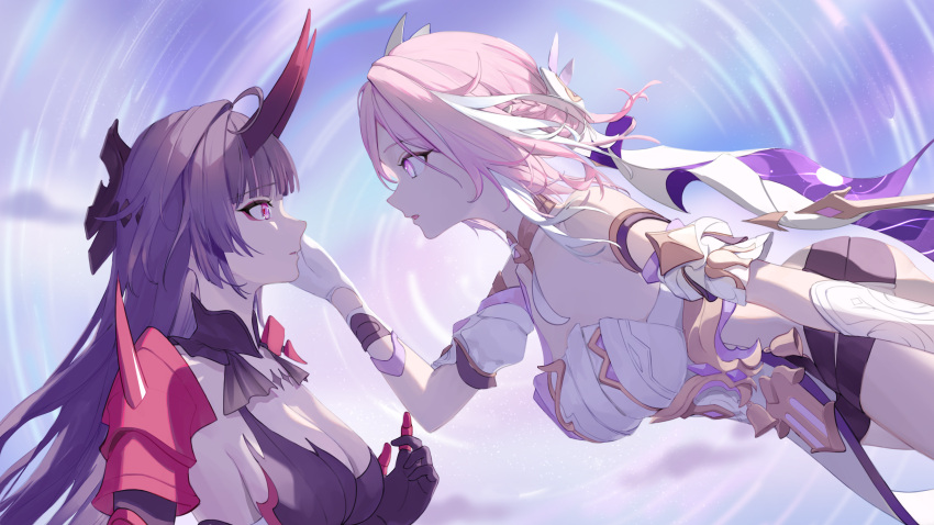 2girls absurdres armor black_gloves black_headwear black_shorts breasts cleavage closed_mouth detached_sleeves elysia_(herrscher_of_human:_ego)_(honkai_impact) elysia_(honkai_impact) floating gloves hand_on_another's_cheek hand_on_another's_face highres honkai_(series) honkai_impact_3rd horns large_breasts long_hair looking_at_another makeup multiple_girls oni_horns parted_lips pink_hair raiden_mei raiden_mei_(herrscher_of_thunder) red_armor red_hair roena short_shorts shorts shoulder_armor sideboob upper_body white_gloves white_headwear yuri