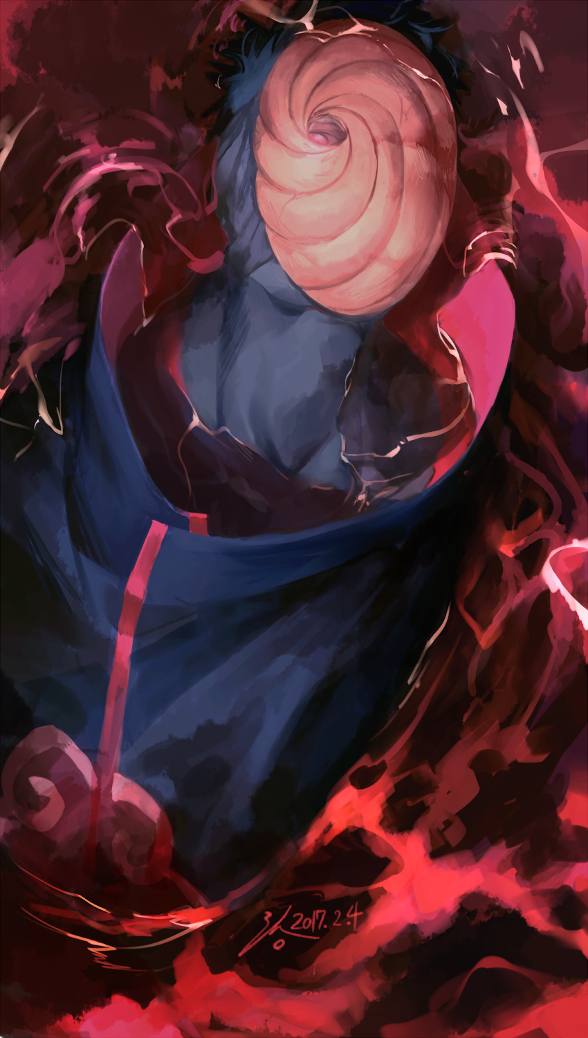 1boy akatsuki_uniform ambiguous_red_liquid black_hair commentary_request crack cracked_mask dated highres liquid looking_at_viewer male_focus mask naruto_(series) naruto_shippuuden partial_commentary partially_submerged red_eyes solo tobi_(naruto) uniform zifletts