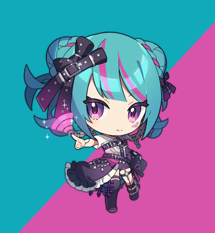 asymmetrical_legwear asymmetrical_sleeves bad_id bad_twitter_id belt belt_buckle blue_background blue_hair bow buckle chibi closed_mouth double_bun eyes_visible_through_hair female garter_belt hair_bun hair_ornament hairbow highres key keyhole korean_commentary long_sleeves looking_at_viewer mismatched_sleeves multicolored_hair nijisanji nijisanji_kr pink_background pointing purple_eyes short_sleeves sikugi simple_background sleeves_past_fingers sleeves_past_wrists smile solo sparkle streaked_hair thighhighs two-tone_background uneven_legwear uneven_sleeves virtual_youtuber wi-fi_symbol wiffy