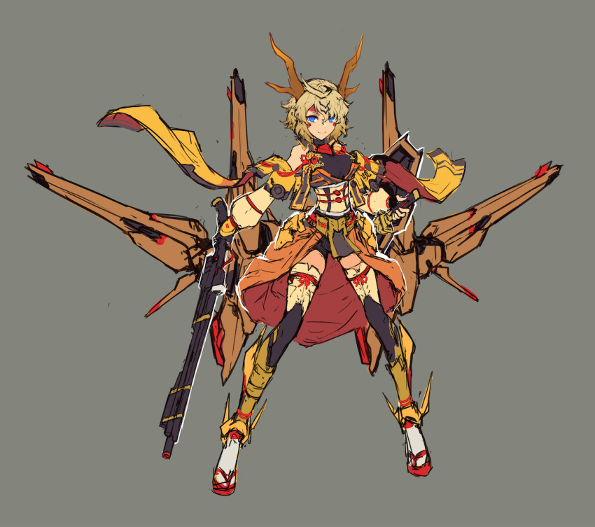 akatsuki_gundam antlers blonde_hair blue_eyes boots breasts female grey_background gun gundam gundam_seed gundam_seed_destiny holding holding_gun holding_sword holding_weapon horns humanization katana mecha_musume mechanical_wings medium_breasts nakamura_eight obi sash shield short_hair smile solo sword thigh_boots thighhighs weapon wings