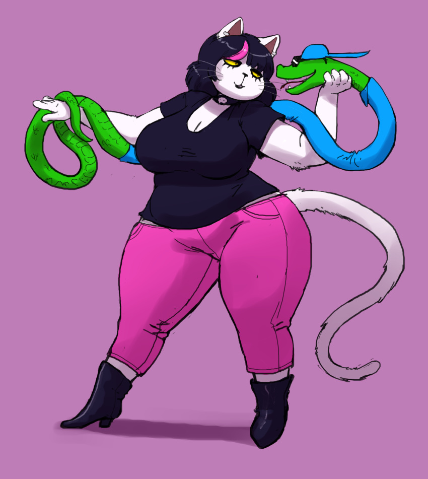 ambiguous_gender anthro anthro_on_feral backwards_baseball_cap backwards_hat baseball_cap belly big_breasts black_hair black_lipstick boots bottomwear breasts catti_(deltarune) cleavage clothed clothed_feral clothing collar curvy_figure deltarune domestic_cat duo ear_piercing ear_ring eye_contact eyeliner eyewear fangs felid feline felis female feral footwear forked_tongue front_view fully_clothed fur furgonomics green_body green_scales hair hat head_grab headgear headwear hi_res high_heeled_boots high_heels highlights_(coloring) holding_partner interspecies jockington_(deltarune) larger_anthro larger_female lipstick looking_at_another looking_at_partner makeup male male/female male_(lore) mammal open_mouth open_smile outta_sync overweight overweight_female pants piercing pink_highlights purple_background reptile ring_piercing romantic romantic_couple scales scalie shirt shoes short_hair simple_background size_difference slightly_chubby slightly_chubby_female smaller_ambiguous smaller_feral smile snake sunglasses teeth thick_thighs three-quarter_view tight_clothing tight_shirt tight_topwear tongue topwear undertale_(series) voluptuous whiskers white_body white_fur wide_hips yellow_eyes yellow_sclera zoophilia