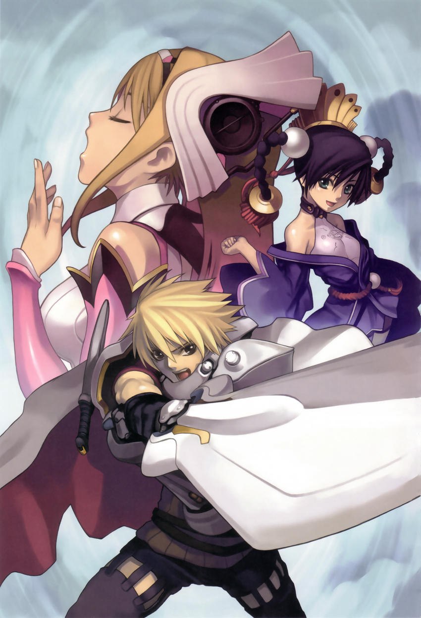 1boy 2girls absurdres ar_tonelico ar_tonelico_i armor aurica_nestmile bare_shoulders blonde_hair braid cape closed_eyes gloves green_eyes highres long_hair lyner_barsett misha_arsellec_lune multiple_girls nagi_ryou official_art photoshop_(medium) purple_hair sword twin_braids weapon