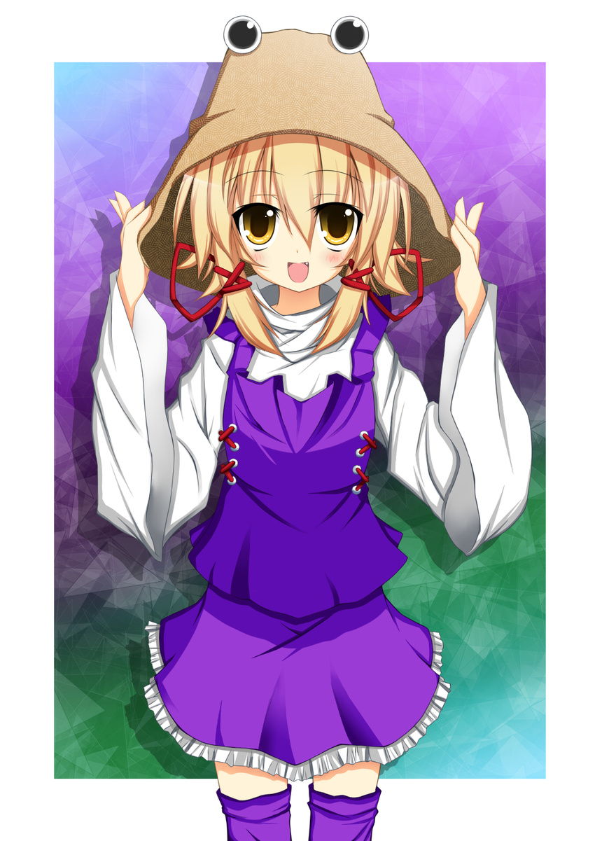 bad_id bad_pixiv_id blush colorized female hat highres looking_at_viewer moriya_suwako open_mouth popokabi purple_thighhighs smile solo thighhighs touhou