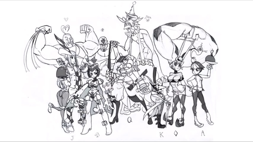 5boys 5girls ahoge alex_ahad animal animal_on_head ass beatrix_(skullgirls) bird bird_on_head breasts cerebella_(skullgirls) chinese_clothes cleavage facial_hair feathers feng_(skullgirls) hat heart_ahoge highres horn hubrecht_(skullgirls) hubrecht_hertz_adelhardt knife moustache multiple_boys multiple_girls muscle muse_(skullgirls) official_art pointy_ears regina_(skullgirls) skullgirls taliesin_(skullgirls) tattoo vice-versa_(skullgirls)