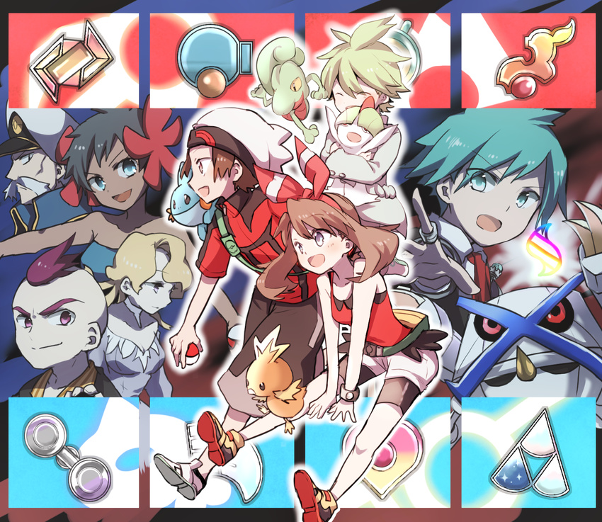 3girls 5boys badge balance_badge brendan_(pokemon) brown_hair commentary_request drake_(pokemon) dynamo_badge fanny_pack feather_badge glacia_(pokemon) gym_leader_badge hair_ribbon hat heart heat_badge highres holding holding_poke_ball holding_pokemon knuckle_badge may_(pokemon) metagross mind_badge mudkip multiple_boys multiple_girls phoebe_(pokemon) poke_ball poke_ball_(basic) pokemon pokemon_(creature) pokemon_oras rain_badge ralts ribbon ryukadomatsu short_hair sidelocks sidney_(pokemon) starter_pokemon_trio steven_stone stone_badge torchic treecko wally_(pokemon)