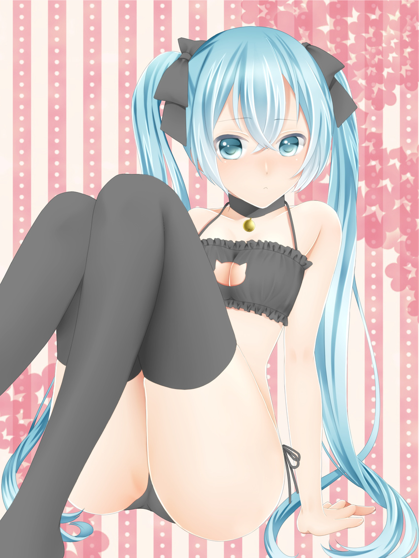 black_bra black_panties black_ribbon black_thighhighs blue_eyes blue_hair bra breasts cat_cutout cat_lingerie cleavage cleavage_cutout clothing_cutout commentary_request female hair_ribbon hatsune_miku highres long_hair looking_at_viewer meme_attire navel panties ribbon sakurai_sakurako side-tie_panties sitting small_breasts solo thighhighs twintails underwear underwear_only vocaloid