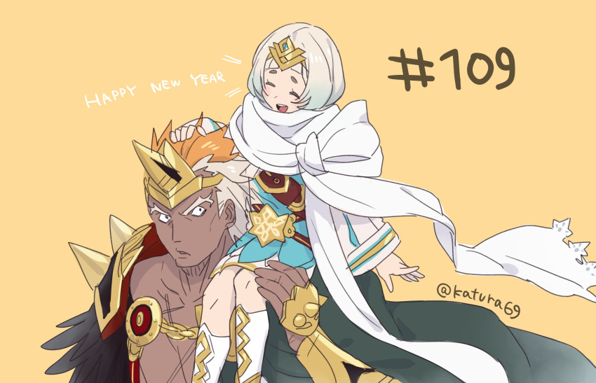 1boy belt blue_hair closed_eyes commentary_request dark-skinned_male dark_skin dress female fire_emblem fire_emblem_heroes gradient_hair happy_new_year helbindi_(fire_emblem) highres juria0801 long_sleeves multicolored_hair new_year open_mouth orange_hair short_hair simple_background sitting_on_shoulder tiara twitter_username white_hair ylgr_(fire_emblem)