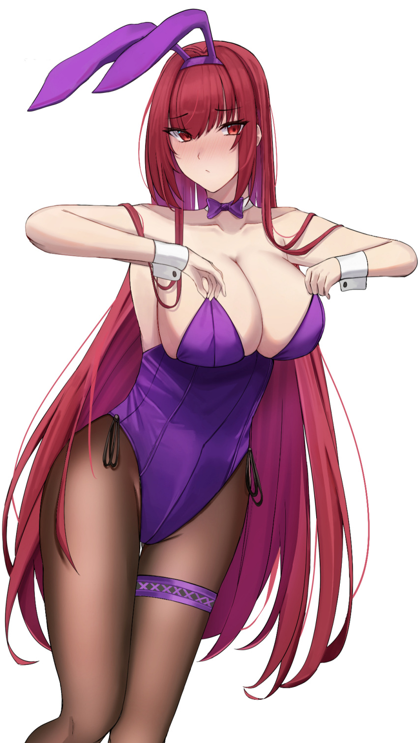 animal_ears blush bow bowtie breasts detached_collar fake_animal_ears fate/grand_order fate_(series) female hairband highleg highleg_leotard highres large_breasts leotard official_alternate_costume playboy_bunny purple_bow purple_bowtie purple_hairband purple_leotard rabbit_ears ref_(pmxt4483) scathach_(fate) scathach_(piercing_bunny)_(fate) solo strapless strapless_leotard thighs undersized_breast_cup wrist_cuffs