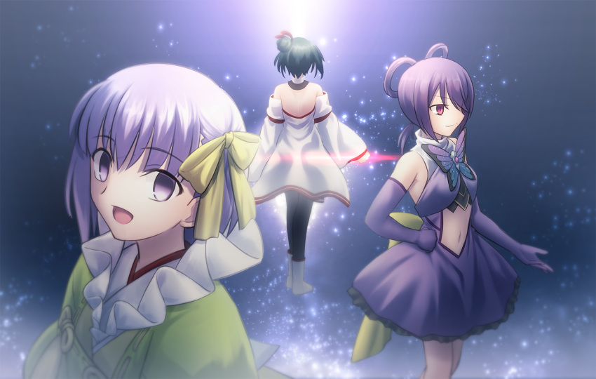 3girls bare_shoulders black_hair black_legwear bow closed_mouth commentary crossover detached_collar detached_sleeves dress elbow_gloves fate/extra fate/extra_ccc fate/extra_ccc_fox_tail fate_(series) frills gloves green_kimono hair_bun hairbow hand_on_own_hip hinata_kagari japanese_clothes kazuradrop_(fate) kimono long_sleeves looking_at_viewer mahou_shoujo_madoka_magica mahou_shoujo_suzune_magica medium_hair midriff multiple_girls navel off_shoulder open_mouth original pantyhose parody purple_dress purple_eyes purple_hair shoori_(migiha) sidelocks single_hair_bun smile standing style_parody swept_bangs takeuchi_takashi_(style) thighs tongue white_dress