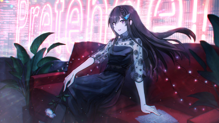 atuhi brown_hair christmas_lights chromatic_aberration couch doumyouji_cocoa dress female flower hair_between_eyes hair_ornament highres holding holding_flower light_particles long_hair looking_at_viewer neon_lights red_eyes riot_music see-through sitting smile solo virtual_youtuber