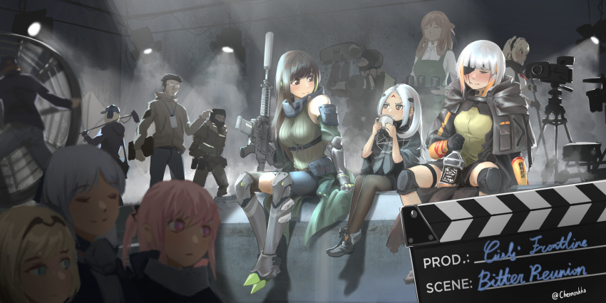 5boys 6+girls absurdres actor actress ak-12_(girls'_frontline) an-94_(girls'_frontline) assault_rifle backstage balaclava camera cameraman chernoshka clapperboard closed_eyes coffee_mug commentary cup cyclops_(girls'_frontline) defy_(girls'_frontline) elisa_(girls'_frontline) english_commentary english_text eyepatch g36_(girls'_frontline) girls'_frontline glasses gloves gun highres jack_daniel's kcco_(girls'_frontline) m16a1_(boss)_(girls'_frontline) m16a1_(girls'_frontline) m4_carbine m4a1_(girls'_frontline) m4a1_(mod3)_(girls'_frontline) mask mug multiple_boys multiple_girls one_eye_closed rifle robot sangvis_ferri sitting skull_mask springfield_(girls'_frontline) st_ar-15_(girls'_frontline) st_ar-15_(mod3)_(girls'_frontline) suppressor weapon