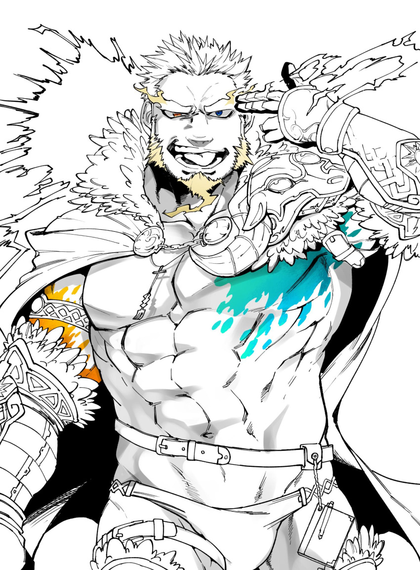 1boy abs armlet bara bare_pectorals belt briefs cape facial_hair fiery_beard fiery_eyebrows finger_gun finger_gun_to_head gauntlets goatee grin groin heterochromia highres kan_(pyy_c12) large_pectorals line_art long_sideburns looking_at_viewer male_focus male_underwear mature_male muscular muscular_male navel obliques pectorals perun_(housamo) short_hair sideburns smile solo spot_color thick_eyebrows thigh_strap tokyo_afterschool_summoners tongue tongue_out underpec underwear very_short_hair