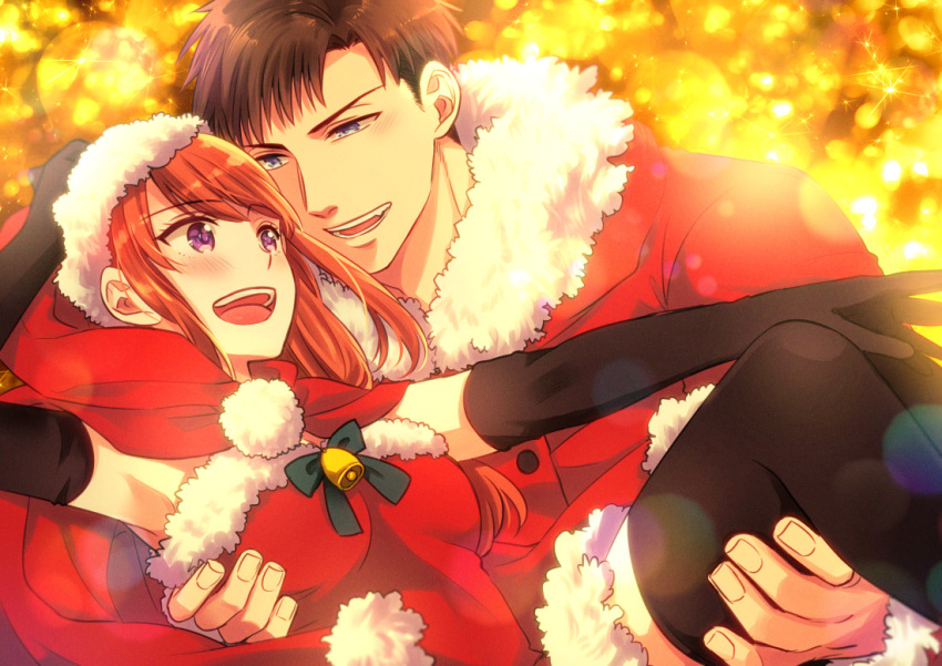 1boy :d bell black_gloves breasts carrying couple elbow_gloves eye_contact female fujihashi_ryou gloves looking_at_another medium_breasts mizuno_souma open_mouth princess_carry purple_eyes red_hair santa_costume smile straight tarou_(you-0512) thighhighs yellow_background yubisaki_kara_no_honki_no_netsujou