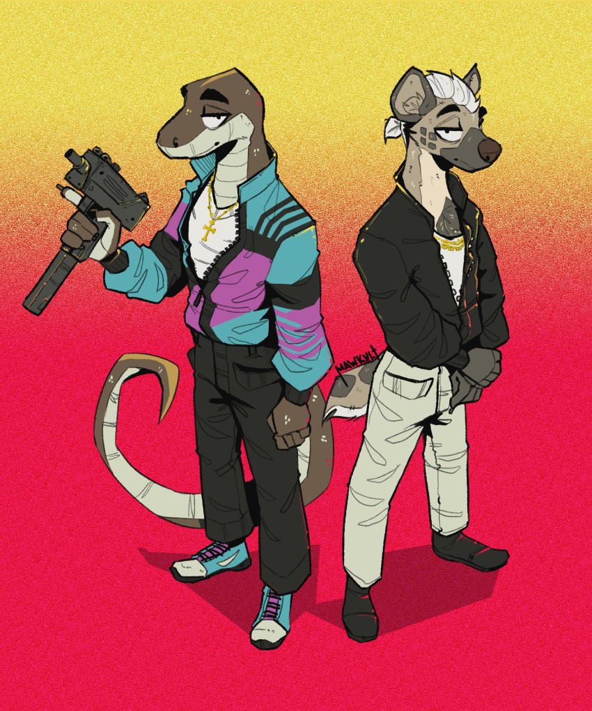 anthro boots bottomwear clothed clothing duo footwear gun hi_res hyena jacket mac-10 male mammal mawkvlt pants ranged_weapon scalie shoes simple_background sneakers submachine_gun topwear weapon