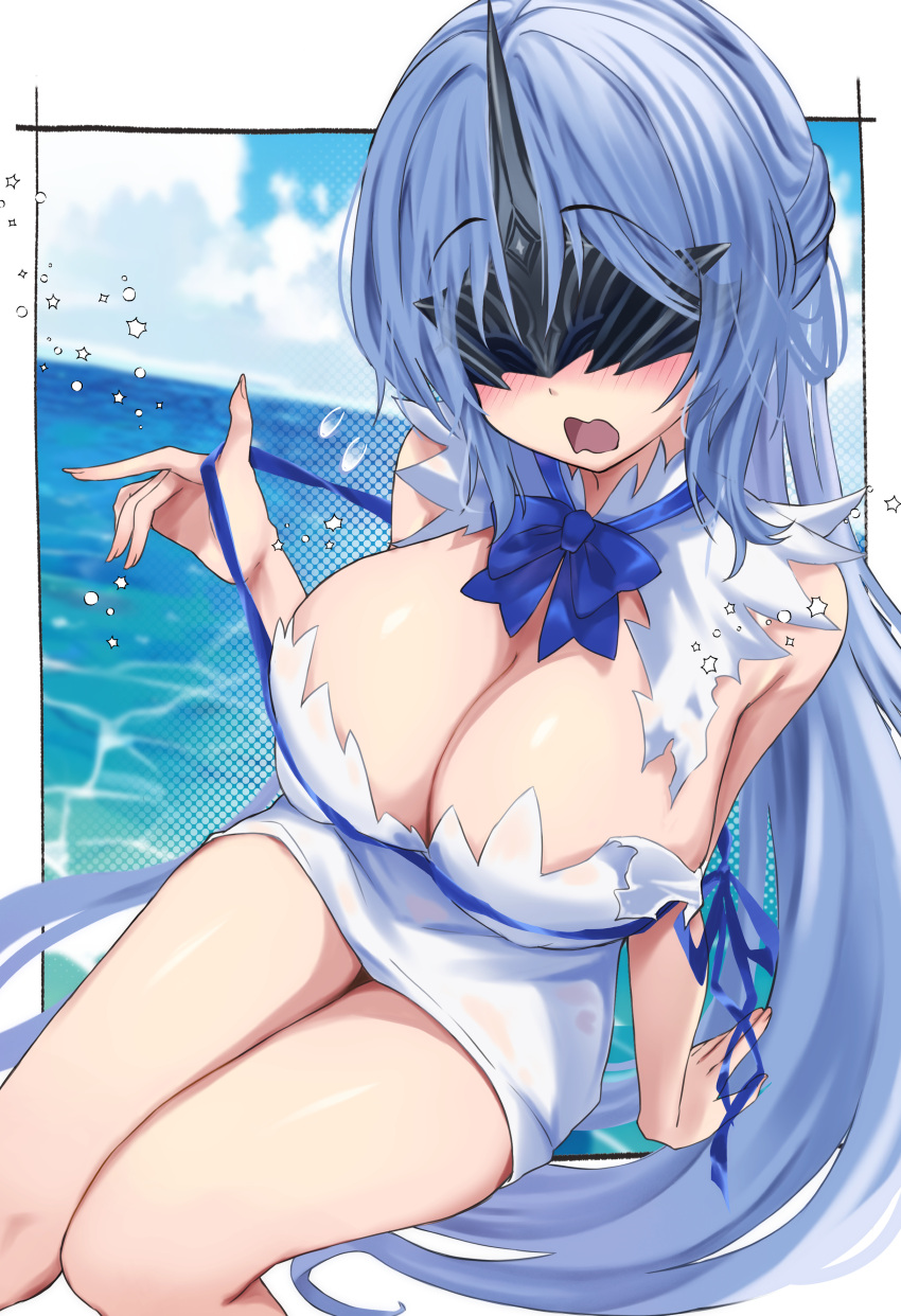 absurdres alsace_(azur_lane) azur_lane blue_hair blue_ribbon blush breasts cleavage commentary_request commission cosplay dress dungeon_ni_deai_wo_motomeru_no_wa_machigatteiru_darou_ka female hestia_(danmachi) hestia_(danmachi)_(cosplay) highres iku_(wtu6pma7) large_breasts long_hair mask mask_on_head open_mouth pixiv_commission ribbon sitting solo sweatdrop torn_clothes torn_dress very_long_hair water white_dress