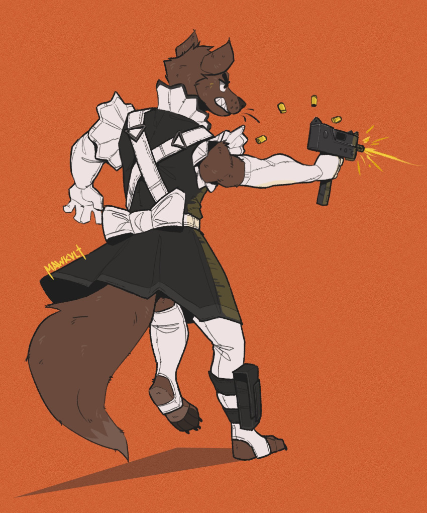 anthro bottomwear canid canine clothed clothing crossdressing gun hi_res mac-10 maid_uniform male mammal mawkvlt ranged_weapon shooting simple_background skirt solo submachine_gun uniform weapon