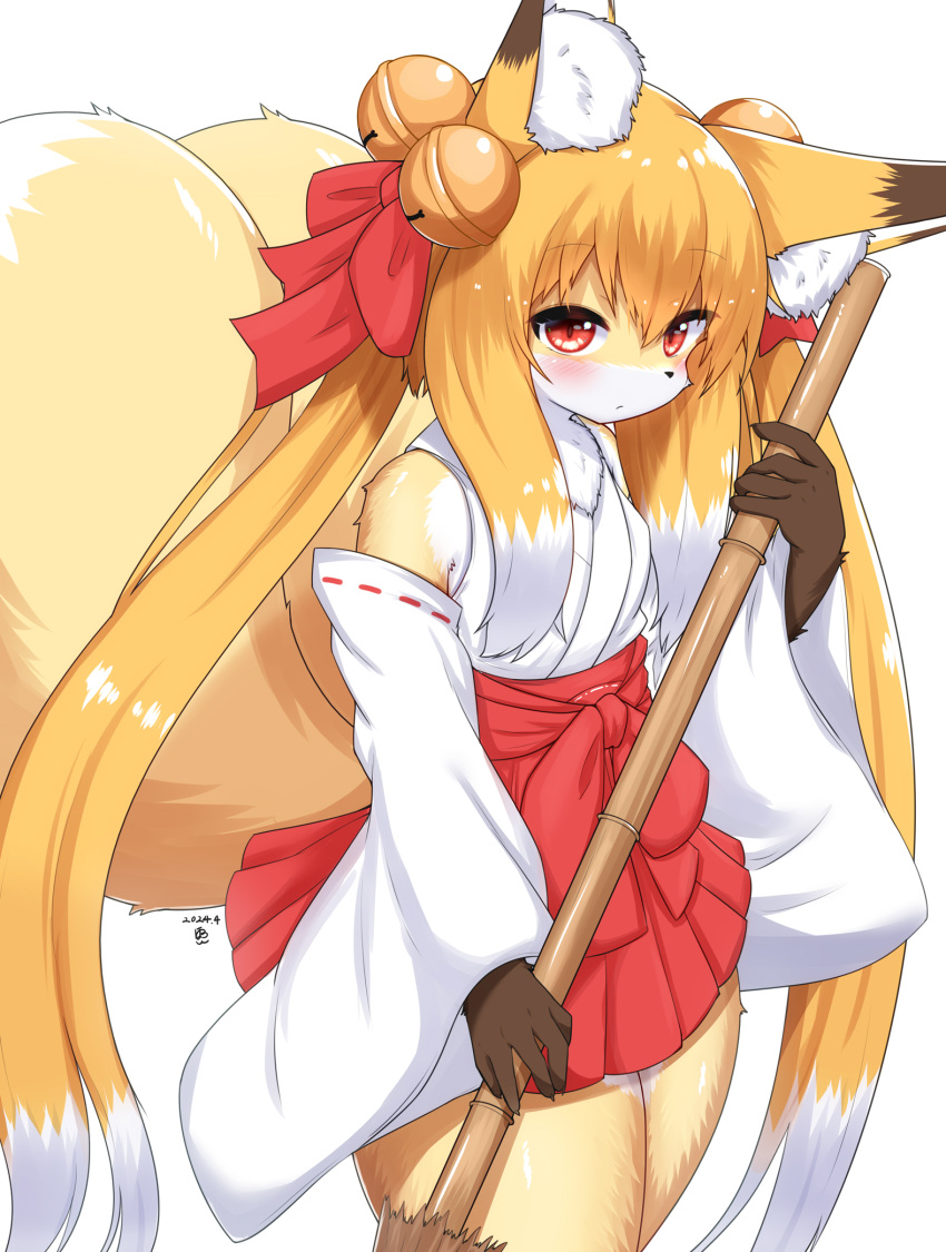 animal_ear_fluff animal_ears bell blonde_hair blush bow broom dated detached_sleeves female fox_ears fox_girl fox_tail furry furry_female hair_bell hair_ornament hairbow high-waist_skirt highres holding holding_broom horokusa_(korai) japanese_clothes jingle_bell miko multicolored_hair multiple_tails original red_bow red_eyes red_skirt simple_background skirt tail thighs twintails white_background white_hair white_sleeves wide_sleeves