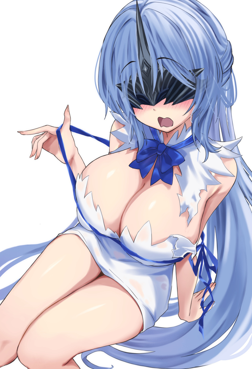 absurdres alsace_(azur_lane) azur_lane blue_hair blue_ribbon blush breasts cleavage commentary_request commission cosplay dress dungeon_ni_deai_wo_motomeru_no_wa_machigatteiru_darou_ka female hestia_(danmachi) hestia_(danmachi)_(cosplay) highres iku_(wtu6pma7) large_breasts long_hair mask mask_on_head open_mouth pixiv_commission ribbon simple_background sitting solo sweatdrop torn_clothes torn_dress very_long_hair white_background white_dress