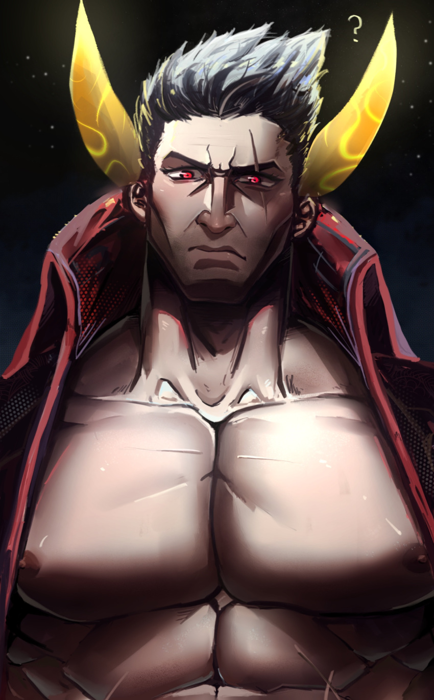 1boy abs alternate_costume bara black_hair collared_jacket darius_(league_of_legends) highres horns jacket large_pectorals league_of_legends lunar_beast_darius male_focus manly mature_male muscular muscular_male nipples open_clothes open_jacket pectorals red_eyes scar scar_on_face short_hair silver_(ordinary_1) simple_background solo spiked_hair upper_body