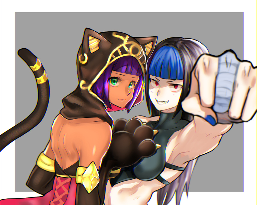 2girls alternate_eye_color alternate_hair_color alternate_hair_length alternate_hairstyle animal_hands animal_hood armpits back black_hair blue_hair blunt_bangs bob_cut cat_hood cat_paws cat_tail chinese_clothes clenched_hand commentary_request dark-skinned_female dark_skin dudou elbow_gloves evolution_championship_series eye_(mememem) gloves green_eyes grin hood hood_up infiltration juri_han long_hair looking_at_viewer medieval menat multiple_girls nail_polish oerba_yun_fang official_alternate_costume outside_border punching purple_hair red_eyes short_hair smile street_fighter street_fighter_v tail tail_ornament tail_ring