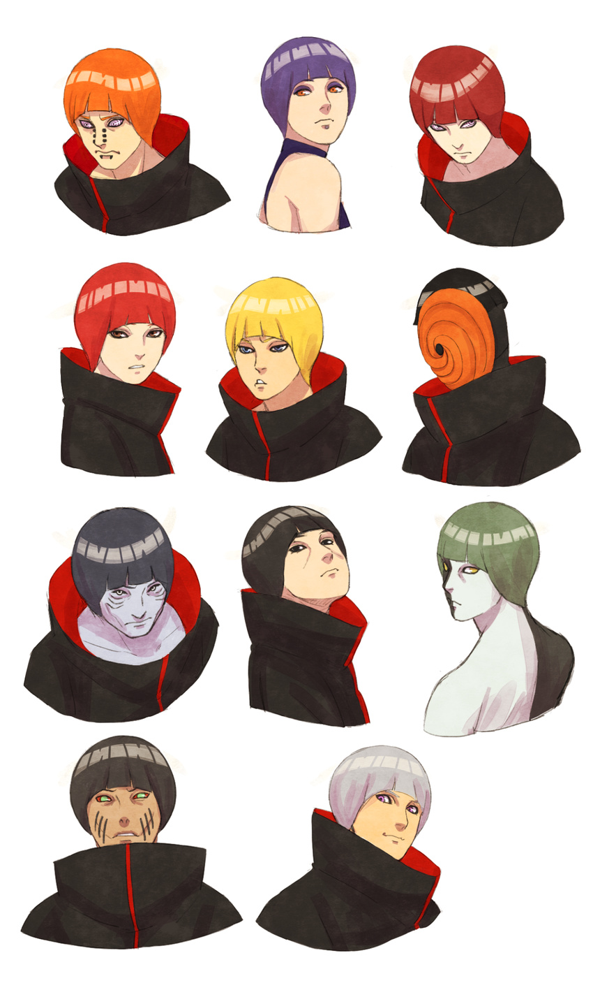 6+boys akatsuki_(naruto) alternate_hairstyle black_hair blue_hair bowl_cut deidara female green_hair grey_hair hidan high_collar highres hoshigaki_kisame kakuzu konan mask multiple_boys nagato_(naruto) naruto naruto_shippuuden orange_hair pain_(naruto) pain_(tendo) piercing red_hair rinnegan sasori steampunkskulls tobi uchiha_itachi uchiha_obito zetsu