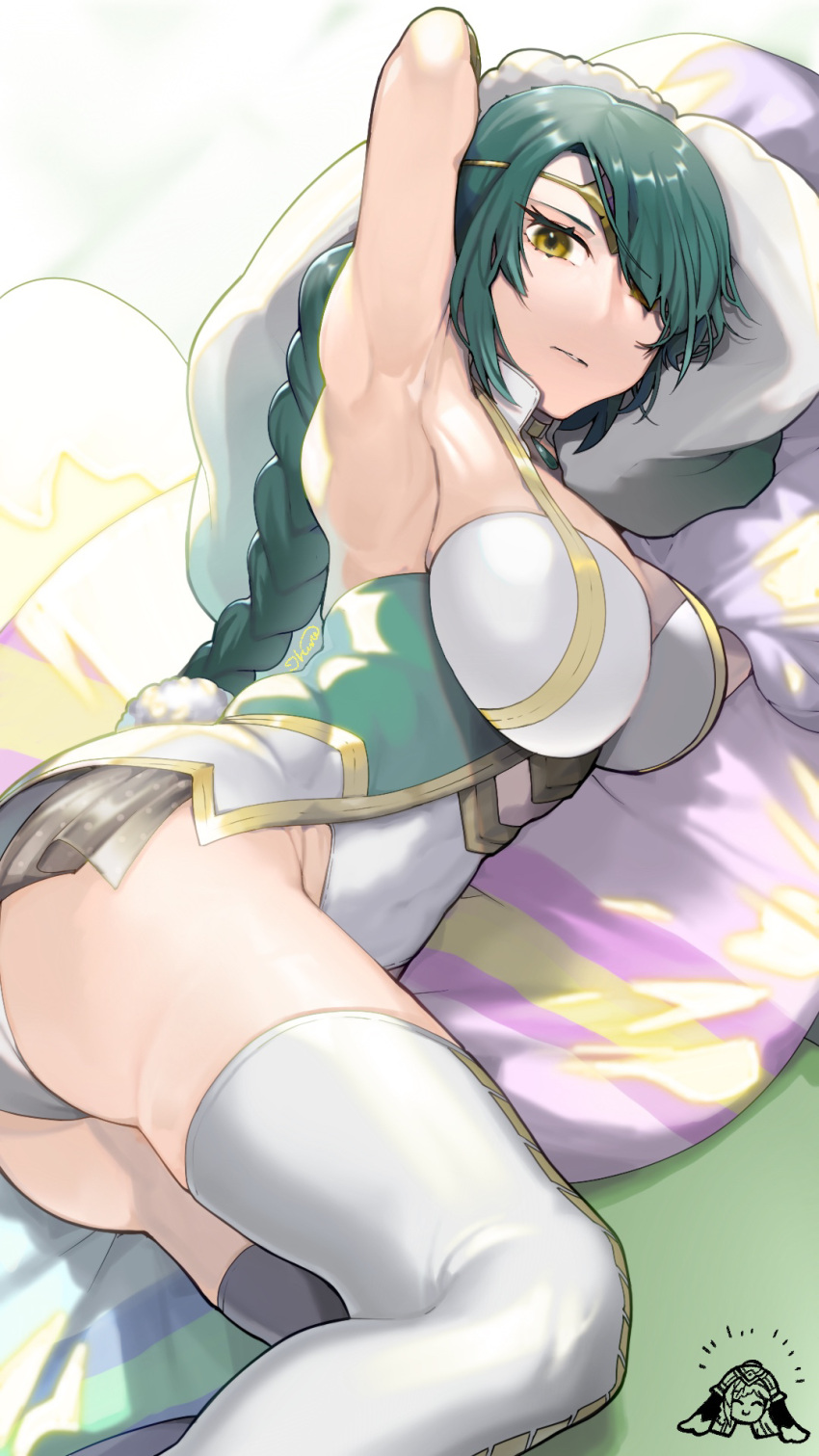 armpits ass braid braided_ponytail breasts circlet female fire_emblem fire_emblem_heroes green_hair hair_over_one_eye highres ikura_(downdexp) large_breasts loki_(fire_emblem) long_hair lying on_side panties solo thighhighs thorr_(fire_emblem) underwear white_panties white_thighhighs yellow_eyes